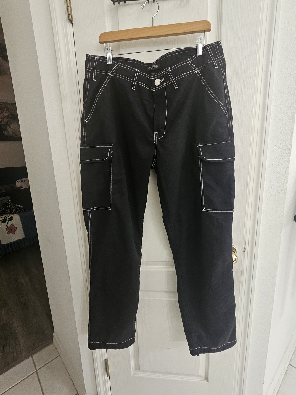 True Religion Black Cargo Jeans with White Contrast Stitching